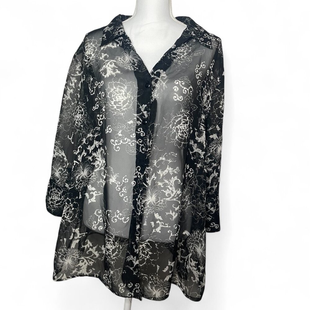 White Stag Plus Size 18W/20W Sheer Black Floral Button Up Blouse Tunic